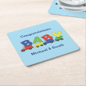 Baby shower voor de bouw van vrachtwagens kartonnen onderzetters (Schuin)