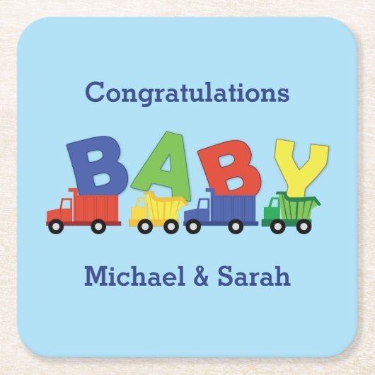 Baby shower voor de bouw van vrachtwagens kartonnen onderzetters (Voorkant)