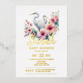 Baby shower voor de kust van Tropical Egret Bird Folie Uitnodiging
