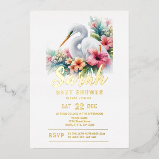 Baby shower voor de kust van Tropical Egret Bird Folie Uitnodiging (Voorkant)