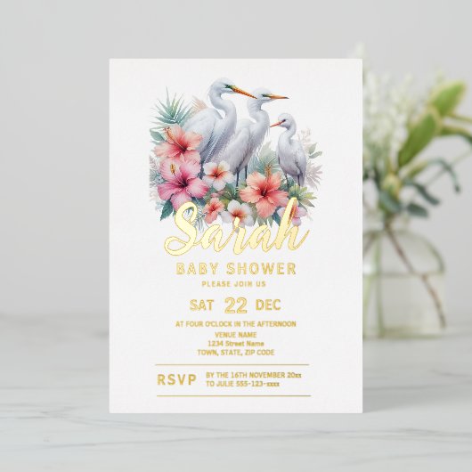 Baby shower voor de kust van Tropical Egret Bird Folie Uitnodiging (Staand Voorkant)