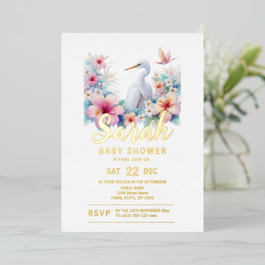 Baby shower voor de kust van Tropical Egret Bird Folie Uitnodiging (Staand Voorkant)