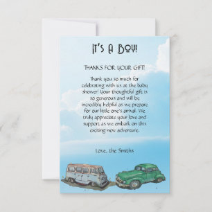 Baby shower voor een jongen, bestelwagen en sedan bedankkaart