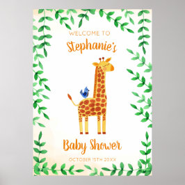 Baby shower voor Giraffe en vogelWaterverf Poster