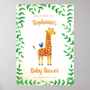 Baby shower voor Giraffe en vogelWaterverf Poster