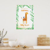 Baby shower voor Giraffe en vogelWaterverf Poster (Keuken)