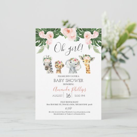 Baby shower voor "Girls Floral Safari Animals" Kaart (Staand voorkant)