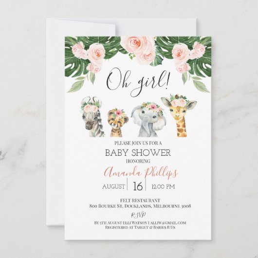 Baby shower voor "Girls Floral Safari Animals" Kaart (Voorkant)