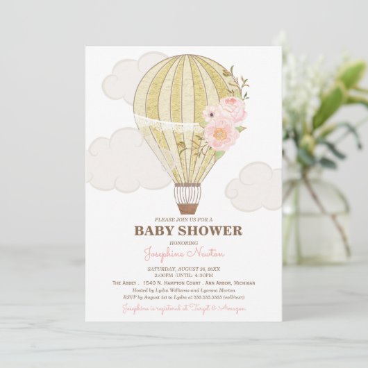 Baby shower voor Goud en roze hot-air ballon Kaart (Staand voorkant)