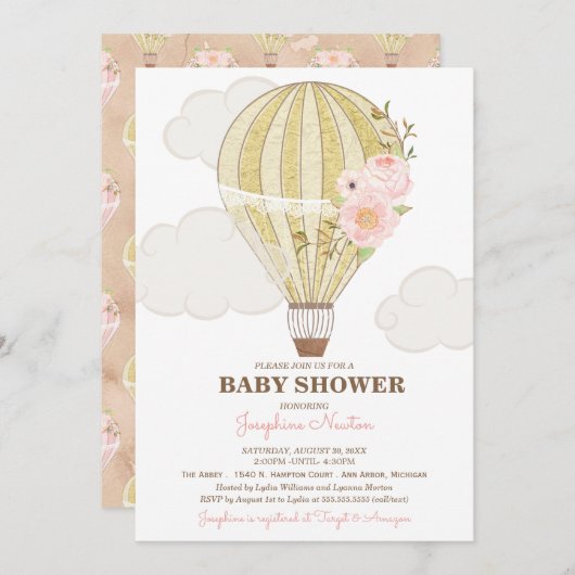 Baby shower voor Goud en roze hot-air ballon Kaart (Voorkant / Achterkant)