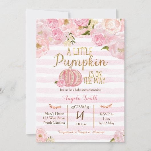 Baby shower voor gouden en roze pompoen kaart (Voorkant)