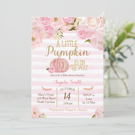 Baby shower voor gouden en roze pompoen kaart (Staand voorkant)