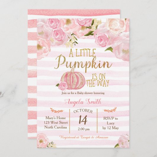 Baby shower voor gouden en roze pompoen kaart (Voorkant / Achterkant)