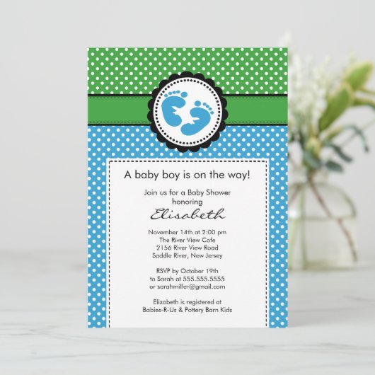 Baby shower voor groene blauwvoetafdruk kaart (Staand voorkant)