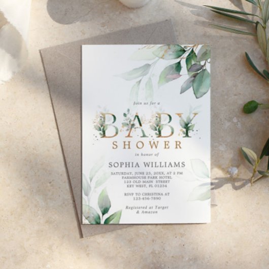 Baby shower voor groene en gouden eucalyptus kaart