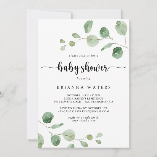 Baby shower voor groene fijne eucalyptuskalligrafi kaart (Voorkant)