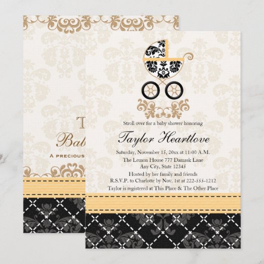 Baby shower VOOR HET VERVOER VAN GEEL- EN ZWARTE D Kaart (Voorkant / Achterkant)