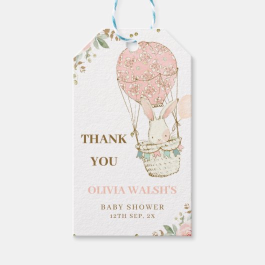 Baby shower voor hot-luchtballonroze ballon omhoog cadeaulabel (Voorkant)