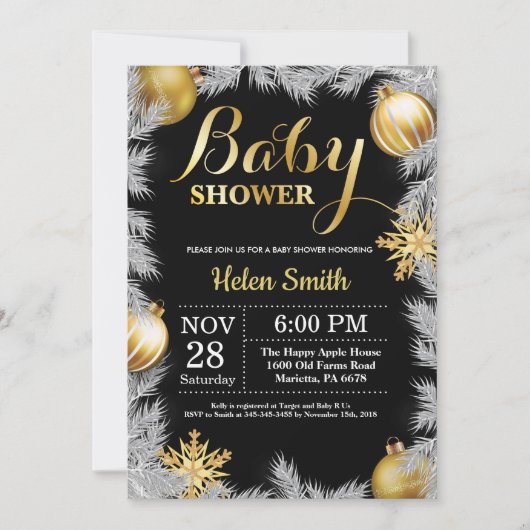 Baby shower voor kerstmis en gouden winterkerstmis kaart (Voorkant)