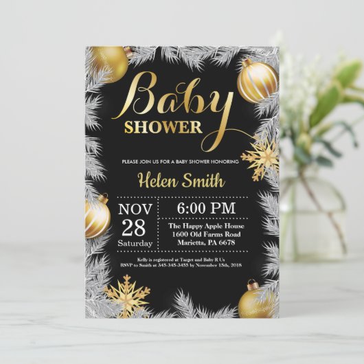 Baby shower voor kerstmis en gouden winterkerstmis kaart (Staand voorkant)