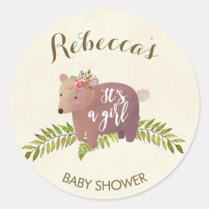 baby shower voor kleefhout beer meisje ronde sticker
