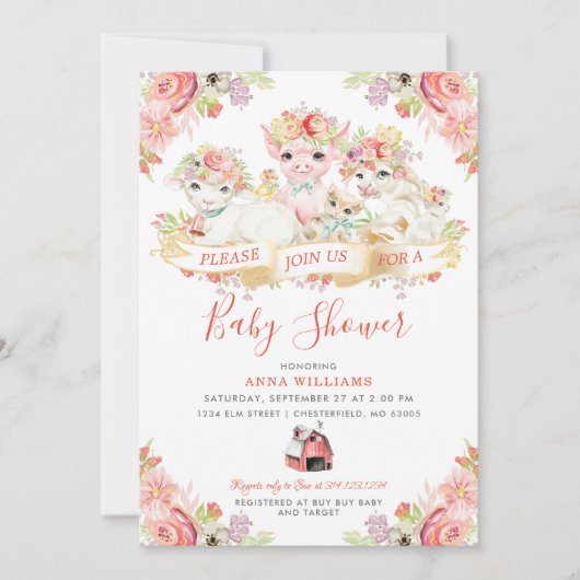 Baby shower voor landbouwhuisdieren van de waterve kaart (Voorkant)