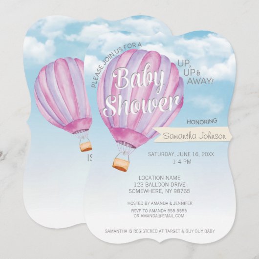 Baby shower voor luchtballon — Roze en Paars meisj Kaart (Voorkant / Achterkant)
