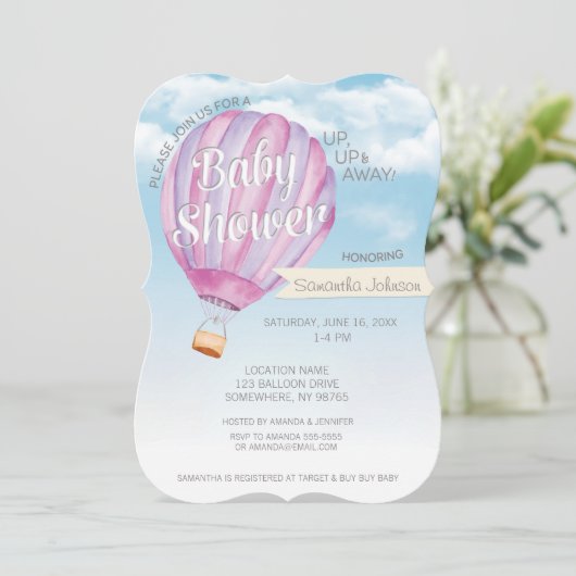 Baby shower voor luchtballon — Roze en Paars meisj Kaart (Staand voorkant)