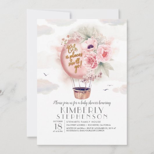 Baby shower voor luchtballon van roze en goudflens kaart (Voorkant)