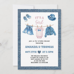 Baby Shower voor Meisje in Blauwe Spijkerstof Kaart
