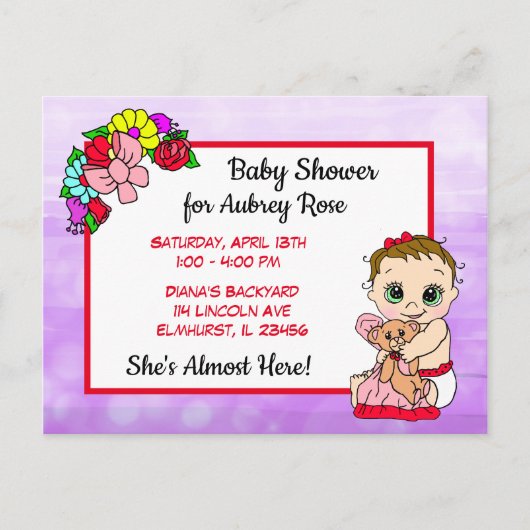 Baby shower voor meisjes, Briefkaart van het rode  (Voorkant)