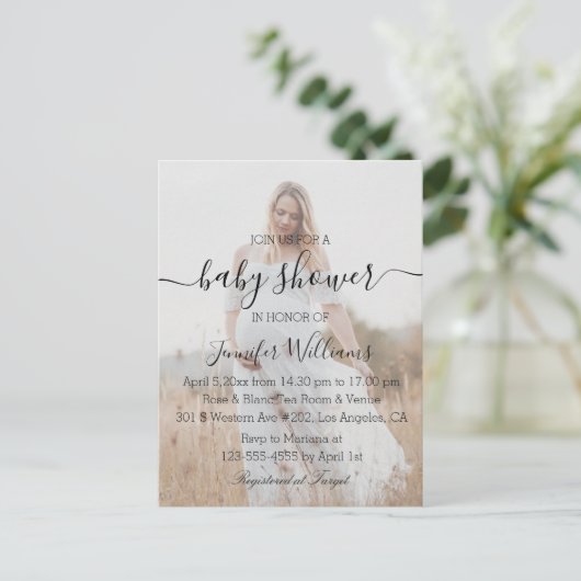 baby shower voor moderne handschriftenfoto   uitnodiging briefkaart (Staand voorkant)