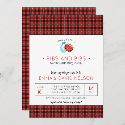 Baby shower voor paren | Ribben en bibs Kaart (Voorkant / Achterkant)