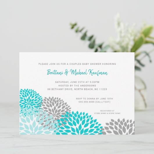 Baby shower voor paren Uitnodiging turquoise grijs (Staand voorkant)