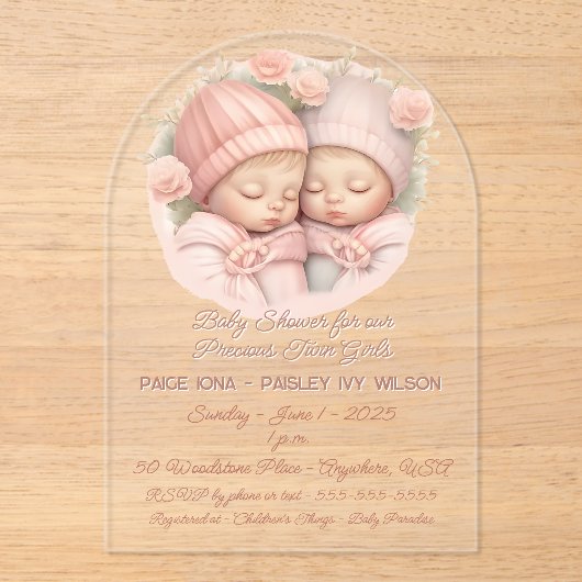 Baby shower voor Precious Twin Girl Babies Acryl Uitnodigingen (Voorkant)