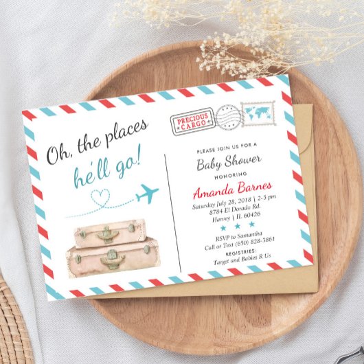 Baby shower voor reizen, vliegtuig nodigt uit kaart