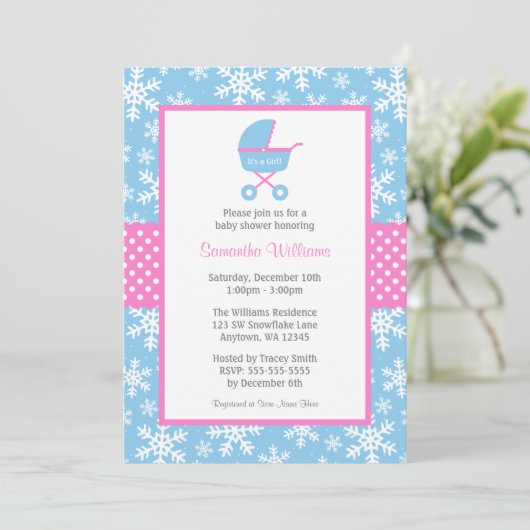 Baby shower voor roze en blauwe carriage Snowflake Kaart (Staand voorkant)