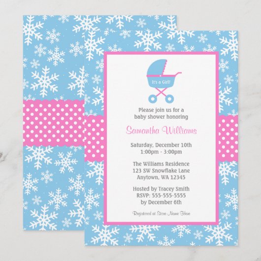 Baby shower voor roze en blauwe carriage Snowflake Kaart (Voorkant / Achterkant)
