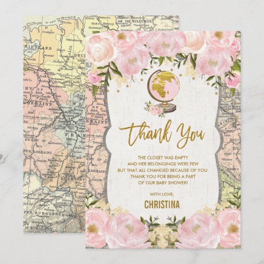 Baby shower voor roze goudplatenreiskaart bedankkaart (Voorkant / Achterkant)