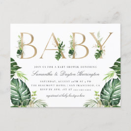 Baby shower voor Tropical Greenery Gold Typography Uitnodiging Briefkaart