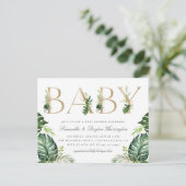 Baby shower voor Tropical Greenery Gold Typography Uitnodiging Briefkaart (Staand voorkant)
