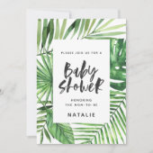 Baby shower voor tropisch palmblad en script save the date (Voorkant)