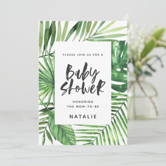 Baby shower voor tropisch palmblad en script save the date (Staand voorkant)