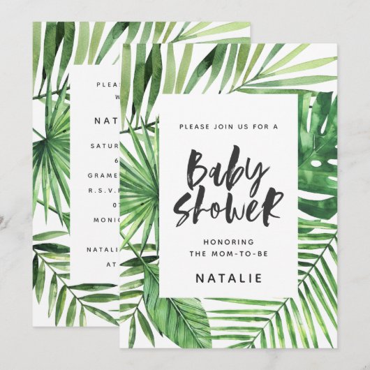 Baby shower voor tropisch palmblad en script save the date (Voorkant / Achterkant)