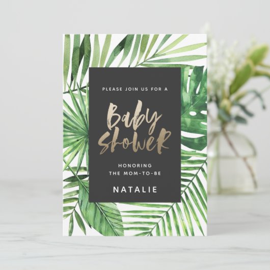 Baby shower voor tropische handpalmen en gouden ha save the date (Staand voorkant)