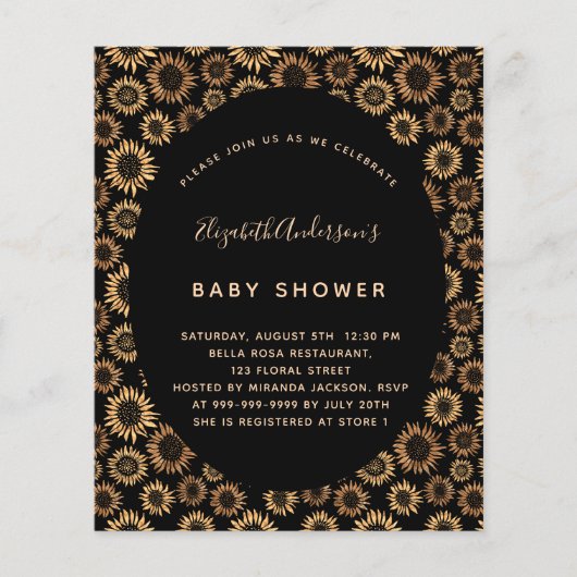 Baby shower voor zonnebloemen zwart goud (Voorkant)