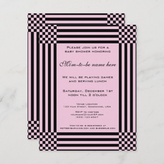 Baby shower voor zwarte en roze cheques kaart (Voorkant / Achterkant)