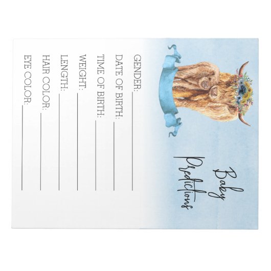 Baby shower voorspellingen game Highland koe Blue Notitieblok (Voorkant)