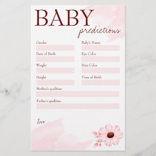 Baby shower voorspellingsspel roze voor een meisje briefpapier (Voorkant)
