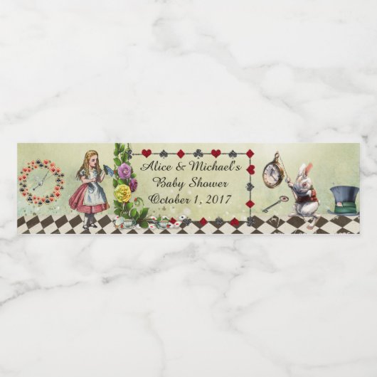 Baby shower waterflesetiket, Alice Wonderland Waterfles Etiket (Enkel label)